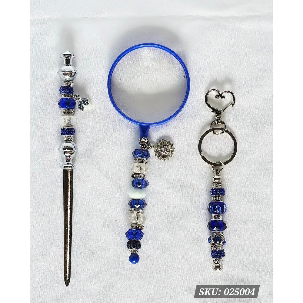 3 Piece Dark Blue Beaded 
Desk Set Magnifying Glass, Letter Opener and Key Chain